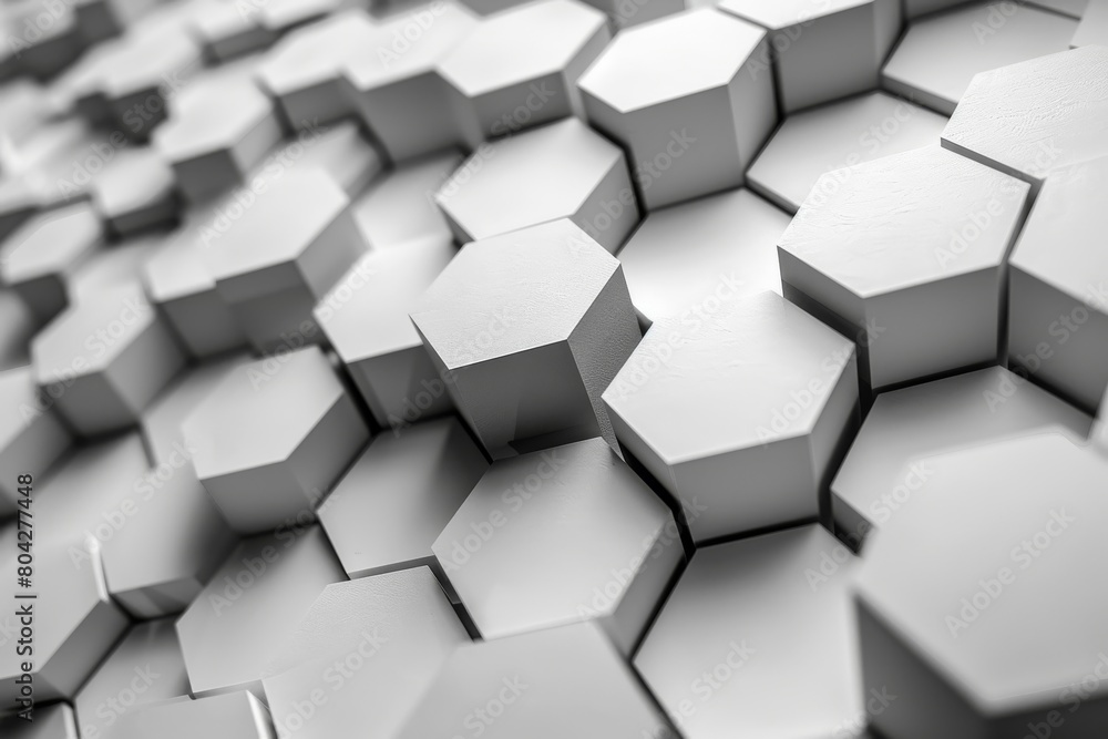 Poster artistic rendering of white hexagons in a 3d pattern, with soft shadows giving volume and a contempo