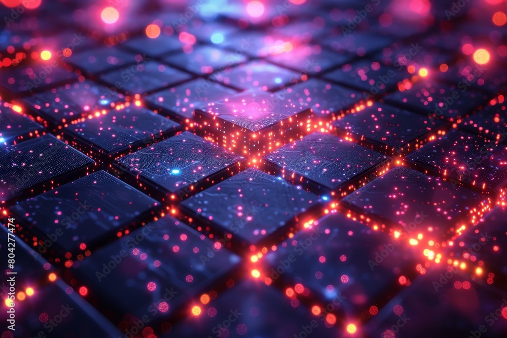 Poster close-up view of illuminated network nodes with connecting lines on a dark futuristic hexagonal surf