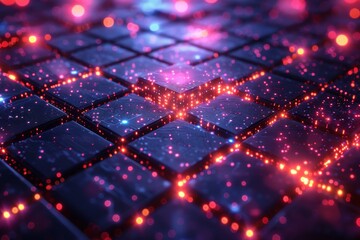 Close-up view of illuminated network nodes with connecting lines on a dark futuristic hexagonal surface, representing technological connectivity