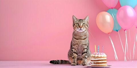 Kitten with Colorful Balloons and Cake on a Pink Background
Party with Kitten, Balloons, and...
