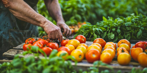 Handpicked fresh tomatoes and basil by a farmer's hands—a symbol of organic passion and care.