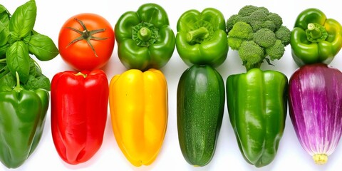 Vibrant vegetables in colorful array; peppers, tomato, and basil shine with freshness and health.