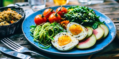 A meal of eggs, tomatoes, and salad with vibrant greens on a stylish plate; a vision of health and flavor.