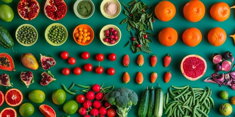 Colorful fruit and vegetables on a vivid green background, highlighting fresh, vibrant variety and nutrition.