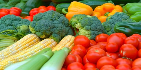A feast of vegetables—corn, broccoli, tomatoes, peppers—in a colorful, fresh display.