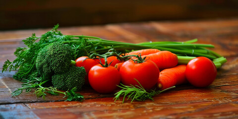 Lush vegetables; tomatoes, carrots, and broccoli rest on a wooden table, symbolizing fresh health and nutrition.