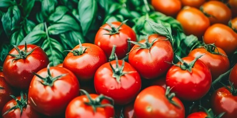 Ripe tomatoes and green basil offer a vibrant, fresh, healthy appeal.