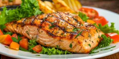 Succulent grilled salmon atop a bed of greens, seasoned to perfection, offers a healthy yet delicious meal.