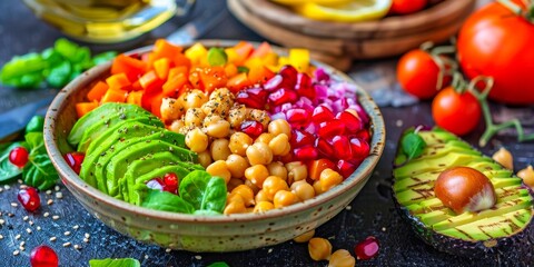 A vibrant and colorful bowl of salad with avocado, chickpeas, and pomegranate seeds on a wooden background.