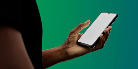 African-American hand with smartphone against green; great for app showcases