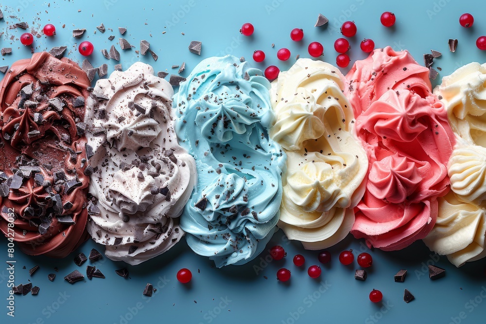 Poster whipped cream meringues in an array of vibrant colors, sprinkled with assorted confectionery bits