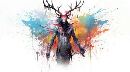 Abstract Colorful Illustration of a Wendigo on a White Background