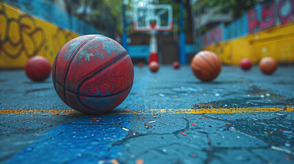 This Assorted balls scattered on basketball court. Group of Balls on Basketball Court