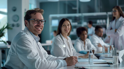 A group of happy doctors are sitting at a table in the classroom during advanced training lessons. The smiling male doctor is happy with his studies