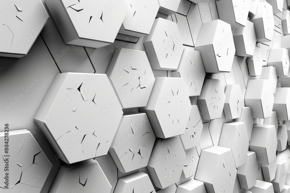 Poster an image of a 3d hexagonal texture with deliberate damage and fractures, depicting decay or vandalis