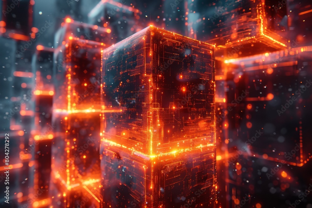 Aufkleber a captivating image of a red illuminated cube in a cybernetic space represents innovation and digita