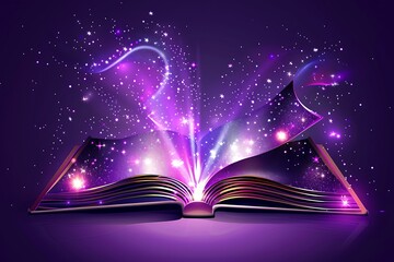 Mystery open book with shining pages. Fantasy book with magic light sparkles and stars. Vector...
