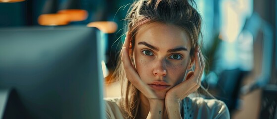 The image shows a stressed, overworked female financial executive sitting at her computer, holding her head in her hands. In the background can be seen a creative office.