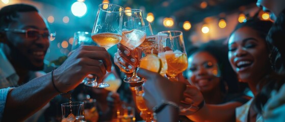 An elegant cocktail bar and restaurant host a diverse group of friends to celebrate with a toast and drinks. Beautiful young people enjoy themselves during the celebration.