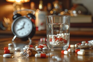 Alarm clock, water glass, and medication time pills. Generative Ai