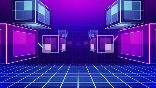Retro 80s-90s Sci-Fi background futuristic grid landscape neon. Digital Cyber Surface. Suitable for design in the style of the 1980`s. 3D illustration