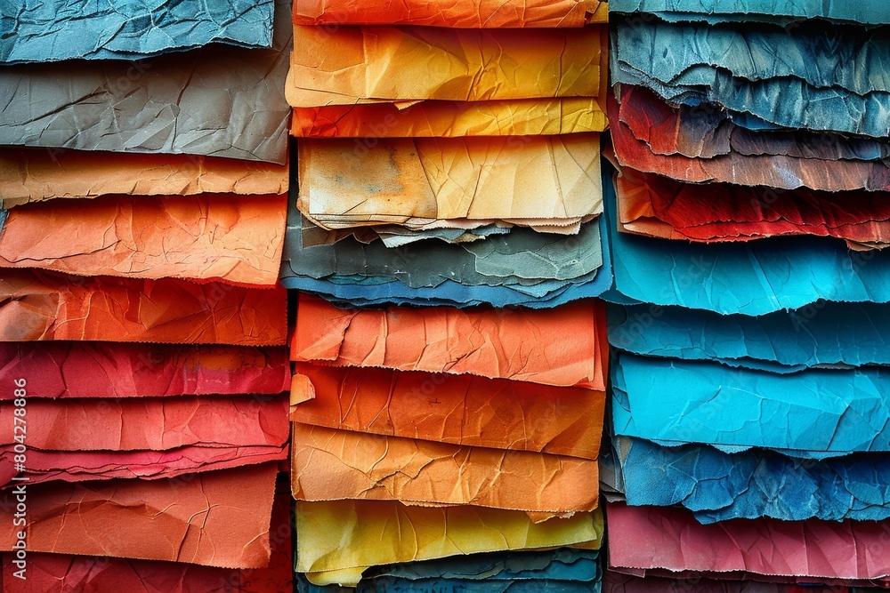 Poster an array of colorful, textured paper sheets with a gradient from blue to red creates an artistic bac