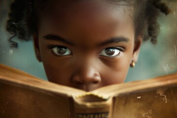 Close up of attractive child reading a book while looking at camera. Elementary student holding fairy tale novel book or bedtime stories with blurring background. Creative activity concept. AIG42. © InfiniteFlow