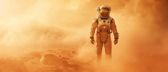 Space Suit Astronaut Explores Mars Covered in Mist. Space Travel, Habitable World, Colonization Concept.