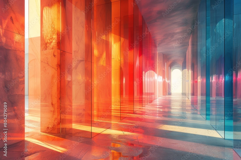 Poster a corridor bathed in sunlight with colorful reflections on the floor and walls, creating a mesmerizi