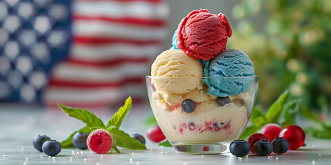 Delicious, fresh and sweet seasoned red, blue and white on the background of the national American flag. The concept of Independence Day on July 4th