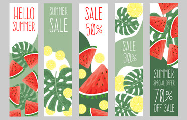 Summer Sale. Set of banners or posters with many slice of watermelon and lemon. Hand drawn vector illustration, EPS10.