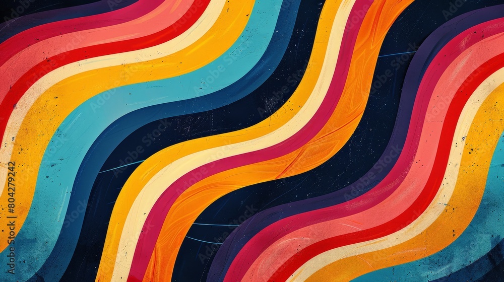 Poster multicolored wavy lines on black background, retro pattern