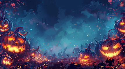 Illustration of Halloween pumpkins with a fantasy backdrop, featuring whimsical trees and a ghostly castle - obrazy, fototapety, plakaty