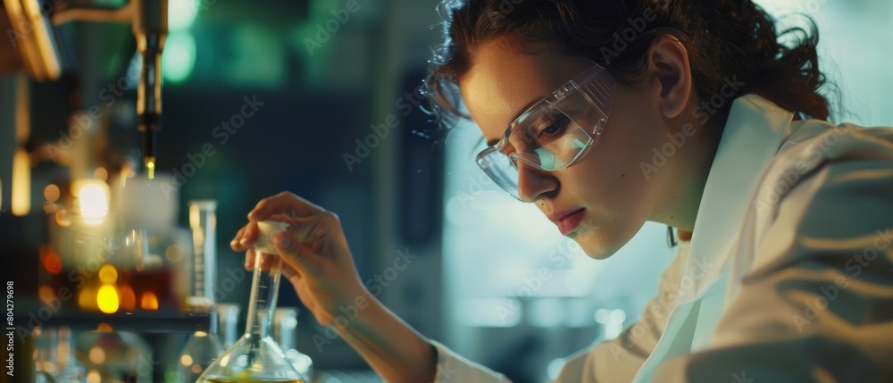 Poster using a computer, a female scientist analyzes liquid in a beaker and records observations. she works