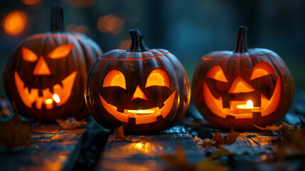 Three spooky carved pumpkins with glowing faces on a rustic wooden surface surrounded by autumn leaves in a nighttime setting