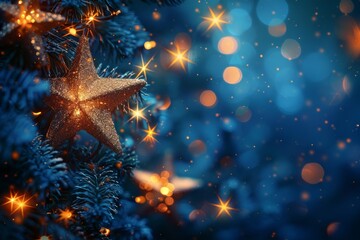 A captivating blue star ornament stands out against the soft bokeh lights on a blue Christmas tree background
