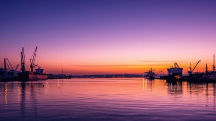 A tranquil moment captured in a port town as the sun dips below the horizon, painting the sky in hues of orange and purple - obrazy, fototapety, plakaty