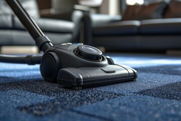 Image features a modern vacuum cleaner on a carpeted floor, with a focus on daily household cleaning tasks