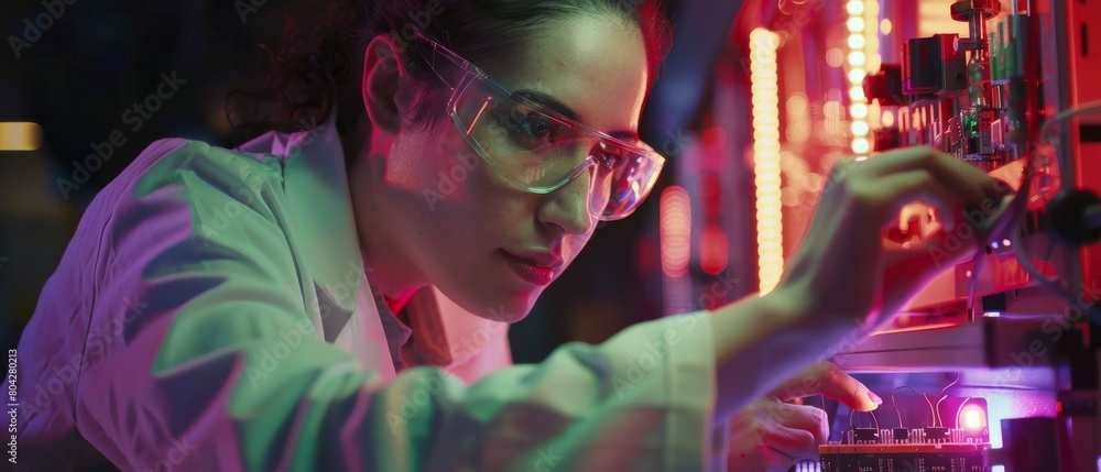 Poster she works in the technologically advanced laboratory where she connects her laptop to a circuit boar