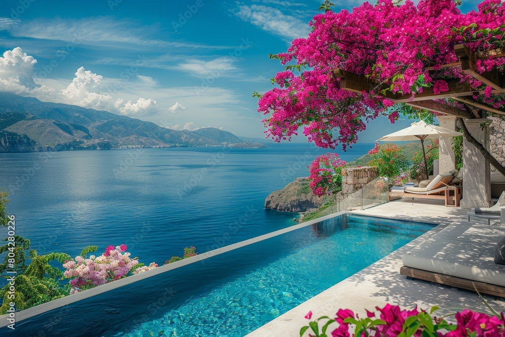 Poster a house with a pool built on a cliff, providing a stunning view of the ocean below