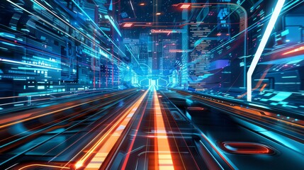 Fototapeta premium Futuristic Urban Metropolis with Neon Lights and Data Streams