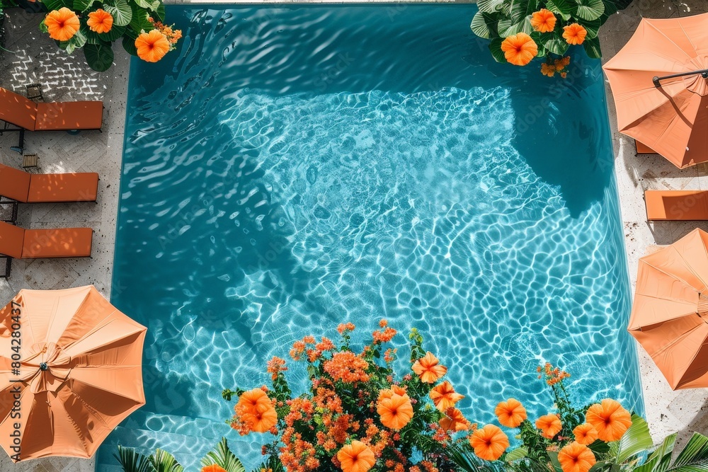 Poster a pool area with bright orange umbrellas and chairs arranged around the water, creating a vibrant an
