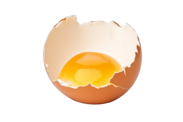 Hatching Potential: A Cracked Egg Shell Revealing a Golden Egg Yolk Inside. On a White or Clear Surface PNG Transparent Background.