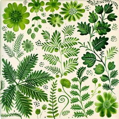 A collection of green leaves and flowers spread out on a clean white background