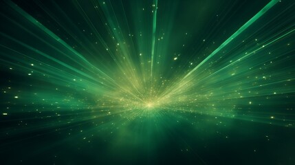Fototapeta premium Ausbruch aus grünem Licht, abstrakte schöne Lichtstrahlen auf dunkelgrünem Hintergrund, goldgrün funkelnder Hintergrund mit Kopierraum