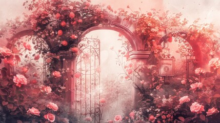 Enchanted Garden Gateway with Blossoming Roses and Morning Mist