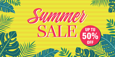 Summer sale. Bright banner template. Exotic concept. Vector illustration with tropical leaves on yellow background.
