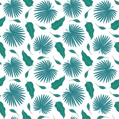 Seamless pattern with exotic leaves in flat design. Pattern with tropical leaves for fabric and wallpaper. Vector illustration.
