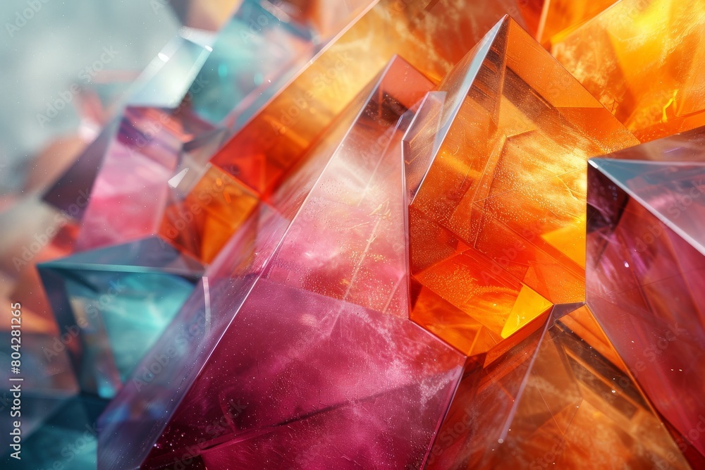 Poster a close-up depiction of crystal shards showing vibrant colors and sharp textures, invoking a sense o
