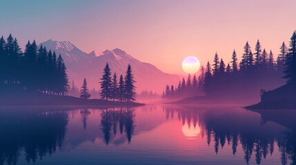 Fototapeta premium Sun setting over lake with trees, mountains creating natural landscape